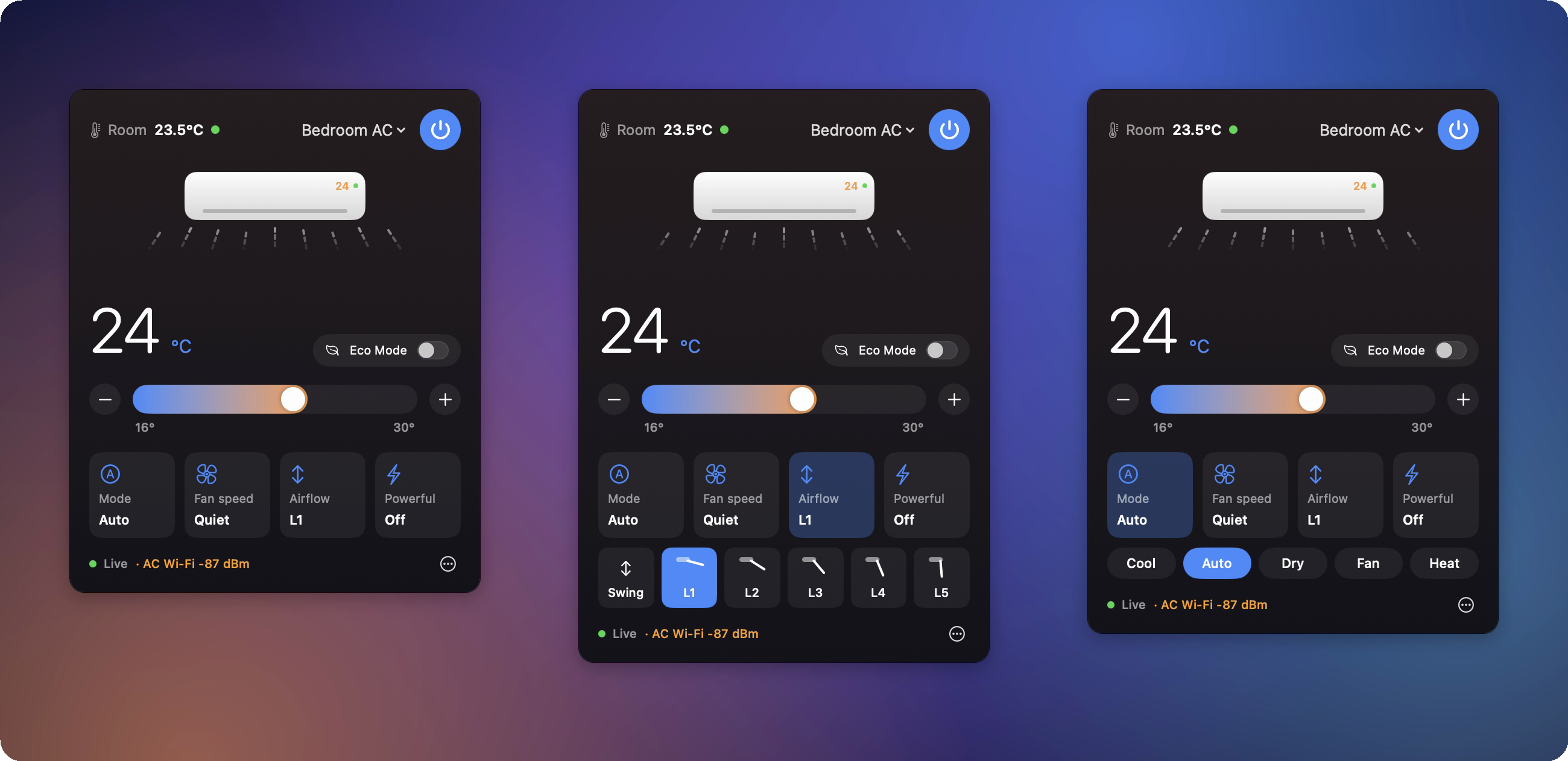 Hawadaar's main controls, airflow picker and mode picker